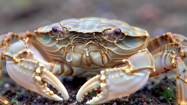 Close-up Macro Shot of a Light-Colored Crab with Detailed Shell and Claws on Sandy Ground, Capturing Intricate Textures and Features of the Crustac...