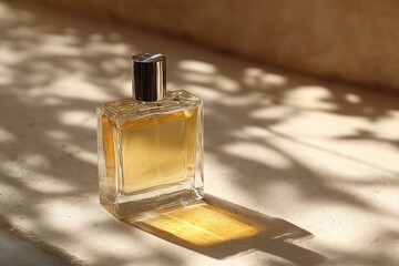 Amber perfume in a clear glass bottle with a silver cap casts a warm shadow on a light beige surface