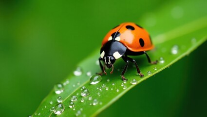 Close up of a ladybug on a green leaf with water droplets