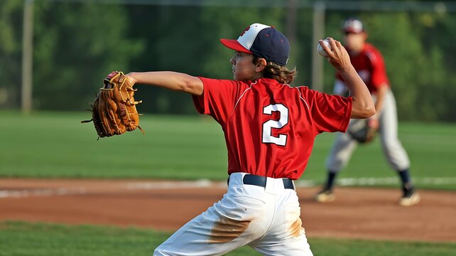 Young baseball pitcher in red uniform throwing a pitch during a game on a sunny day with blurred background