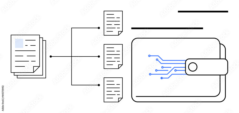 Poster documents connected through digital pathways into an electronic wallet representing secure storage. 