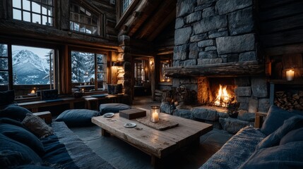Interior of a rustic log cabin living room with a roaring fireplace, comfortable sofas, and a large window offering a snowy mountain view, creating a cozy and warm atmosphere