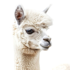 Obraz premium Close-up portrait of a fluffy white alpaca showcasing its gentle expression against a plain background