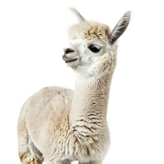 Obraz premium A fluffy alpaca stands gracefully in a serene pasture, surrounded by vibrant green grass and distant hills