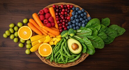 Overhead vibrant basket of fresh fruits and vegetables for healthy eating and lifestyle on dark wood table