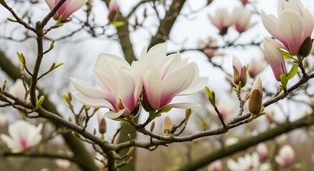Delicate magnolia blossoms exuding tranquil beauty and springtime vitality filling the natural