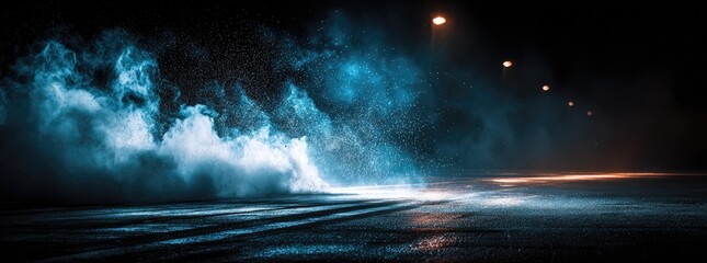 Dark, atmospheric night scene with dramatic blue and white smoke effects on a wet asphalt road, illuminated by streetlights