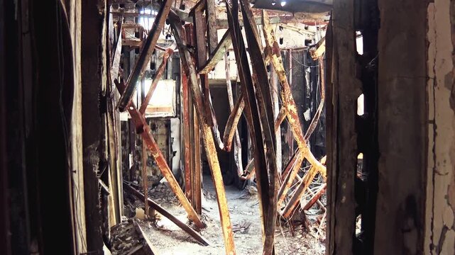 A completely burnt and destroyed inside of a house at a southern Israeli kibbutz, where a massive massacre was carried out. Kibbutz Nir Oz massacre memorandum.
