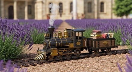 Toy train travels through a fragrant lavender field with an old building in the background, transporting books.
