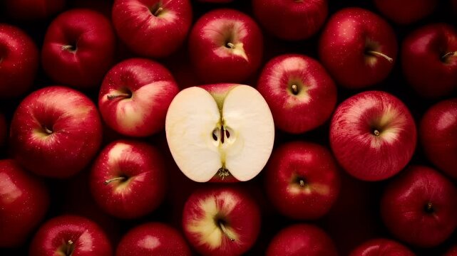 A closeup view of red apples, with one half of a sliced apple prominently displayed in the center. The apples are a deep red color, with a glossy sheen.