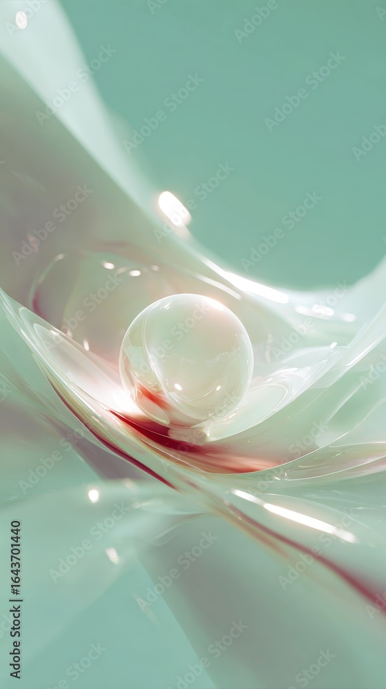 Poster abstract composition featuring a transparent sphere surrounded by flowing organic shapes in soft pas