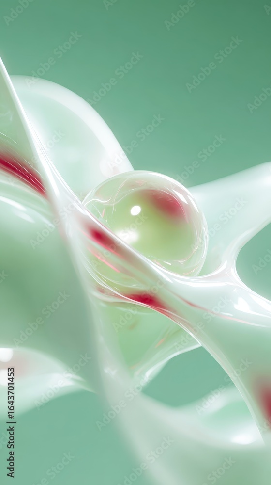 Poster abstract fluid forms with translucent textures, soft colors, and a spherical element creating a sens