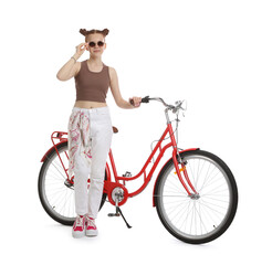 Teenage girl with red bicycle on white background