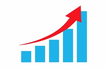 Financial growth chart with upward trending red arrow and blue bars