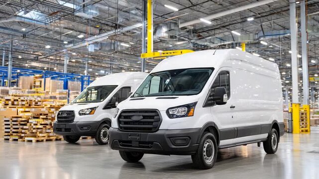 A side angle view of gleaming white commercial vans parked bumper-to-bumper in a spacious, well-lit warehouse bay.