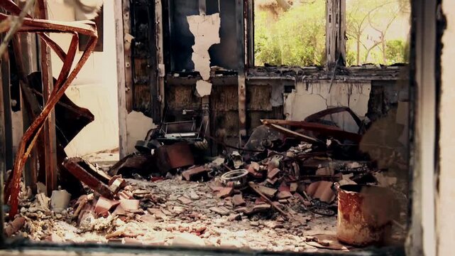 A broken window as the frame, looking inside the completely destroyed and burnt living room, where an Israeli flag is hanged sadly. Kibbutz Nir Oz massacre memorandum.