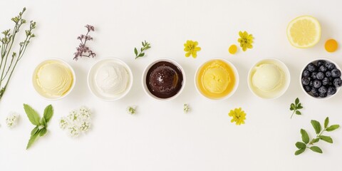 Variety of Colorful Ice Cream Scoops with Berries and Flowers on White