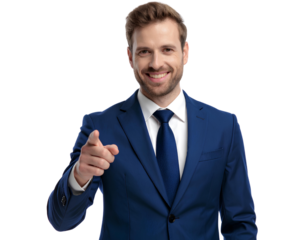 Man Smiling and Pointing Confidently, Dressed Smartly Against isolated on a transparent background.