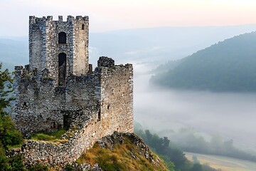 Misty Stone Castle Tower Ruins Landscape View Foggy Valley Scenery Medieval Architecture Ancient Landmark Historic Site