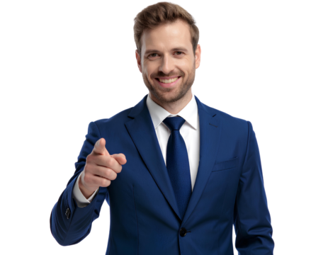Man Smiling and Pointing Confidently, Dressed Smartly Against isolated on a transparent background.