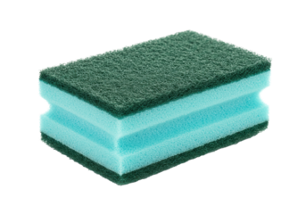 A pristine, brand-neutral, rectangular, dual-sided cleaning sponge with a dark green abrasive top and a turquoise foam base, isolated on a white background, soft studio lighting, effective cleaning