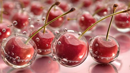 Red cherries suspended in clear bubbles,  watery effect