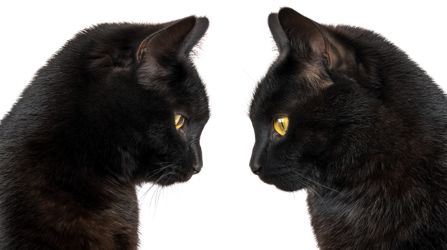 Two black cats facing each other isolated on transparent background