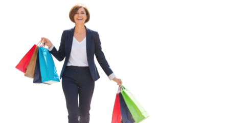Happy Woman in Business Suit Carrying Shopping Bags smiling fashion consumer consumerism retail purchase sale discount bargain joy excitement success
