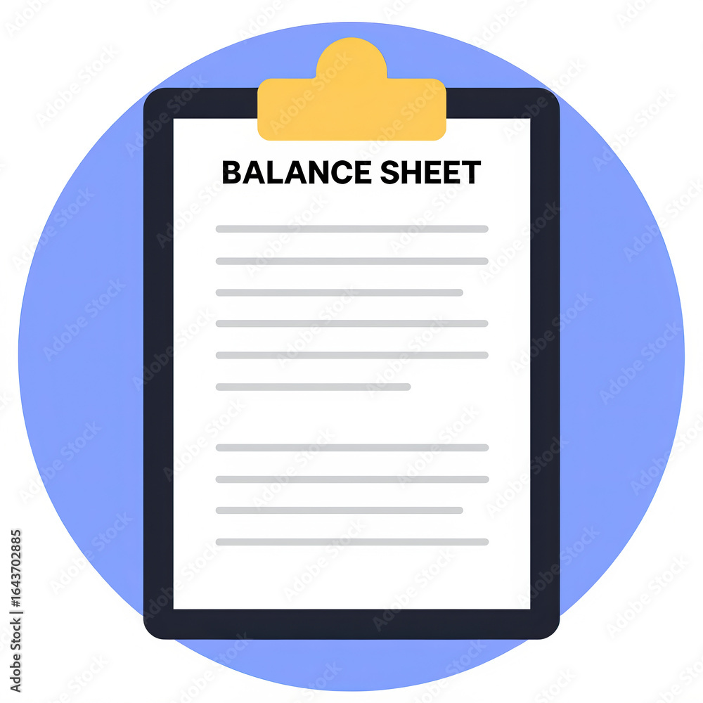 Aufkleber a digital illustration of a balance sheet on a clipboard, featuring headers with empty lines for fin
