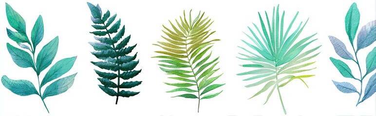 Five watercolor illustrations of stylized leaves in teal, green, and blue-green hues, showcasing diverse leaf shapes and textures
