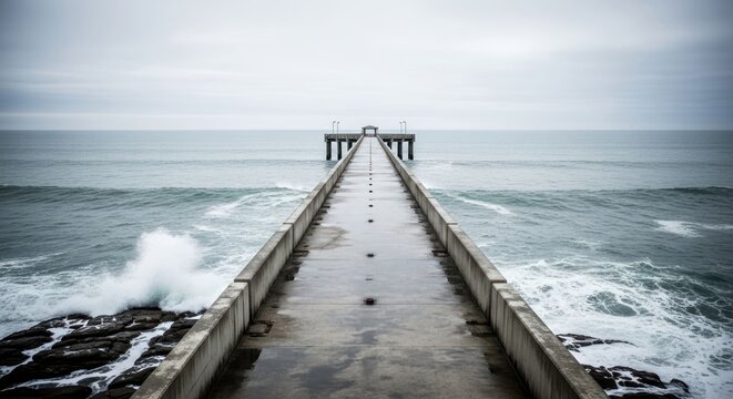 Grey pier extending into a stormy sea