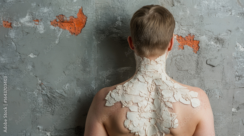 Poster A person with multiple keloids is depicted in a back view, showcasing unique skin textures and conditions in a medical or artistic context.