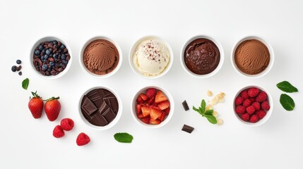 Assorted Ice Cream Flavors with Fresh Fruit on White Background