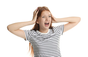 Teenage girl suffering from panic attack on white background