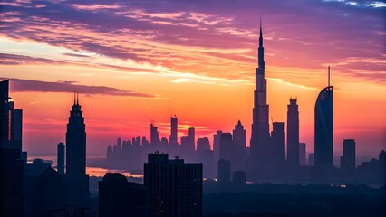 Obraz premium Chicago skyline at sunset with silhouetted buildings and a colorful evening sky over the city