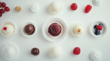 Assorted Ice Cream Scoops with Berries and Candy Flat Lay