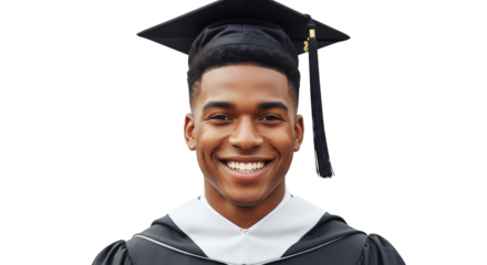 Happy Young Black Man Graduation Portrait 1 student achievement success education cap gown academic smiling celebration commencement degree diploma future
