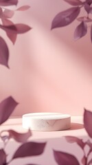 Minimal White Stone Pedestal on Pastel Pink Gradient Background with Soft Organic Accents