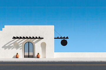 Whitewashed storefront with arched entryway and black sign