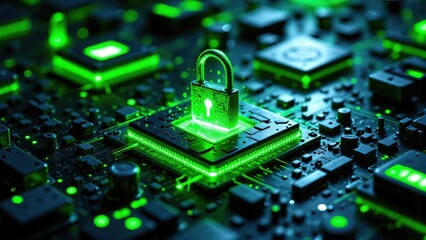 Cybersecurity Concept, Glowing Lock on Circuit Board