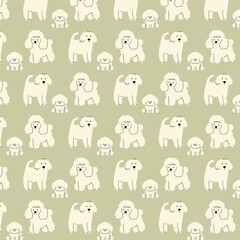 Seamless pattern with cute beige dogs on green background &ndash; playful feline vector illustration for textiles, wrapping paper, wallpaper, children&rsquo;s products, pet-themed designs, and creative projects