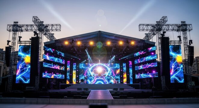 Large outdoor stage with vibrant LED displays and lighting - Powered by Adobe
