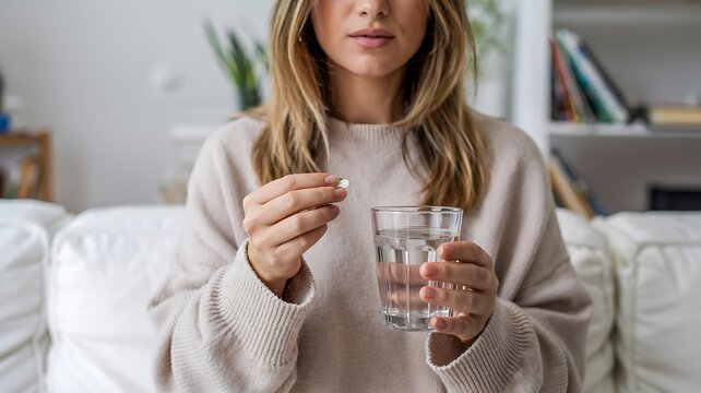 Young woman holding a white pill and a glass of water preparing to take medication for illness or wellness at home