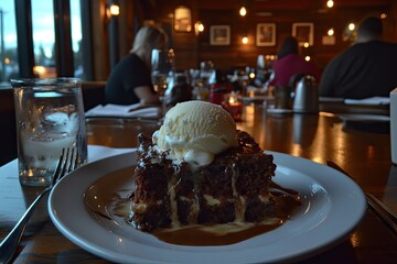 A delectable chocolate dessert, possibly brownie or blondie, topped with a scoop of vanilla ice cream and a rich sauce, sits on a white plate on a rustic wooden table in a dimly lit restaurant.