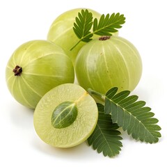 Four light green amla berries with leaves one cut in half