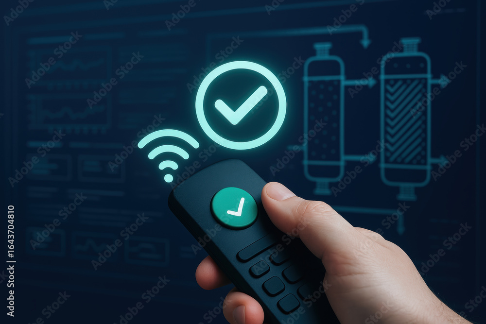 Poster remote control with check mark symbol and wireless signal representing approval in heat exchanger in