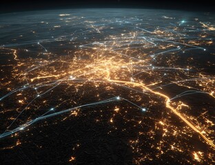 Night view of a densely populated region, illuminated by city lights, with network of pathways