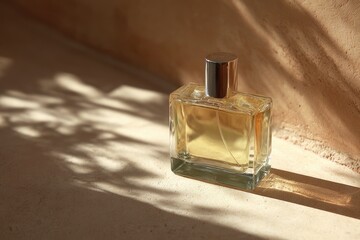 Amber-hued perfume in a square glass bottle with a gold cap rests on a beige surface, dappled sunlight casting leaf shadows