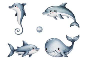 Baby whales swimming on white background. Hand painted cute blue whales isolated.