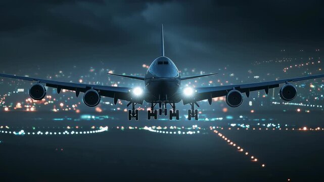 Passenger airplane approaching city airport at night with landing lights on, flying over illuminated urban landscape under cloudy sky